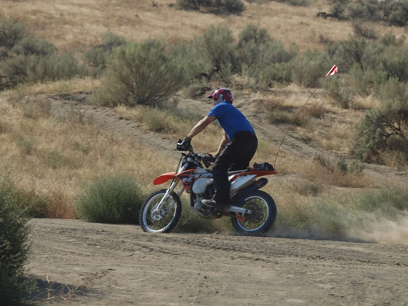 Pilota di motocross su un sentiero sabbioso tra la vegetazione